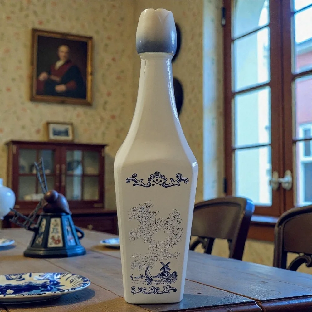 Vtg 60's Vandermint Milk Glass Liquor Bottle Delft Blue Windmills 11